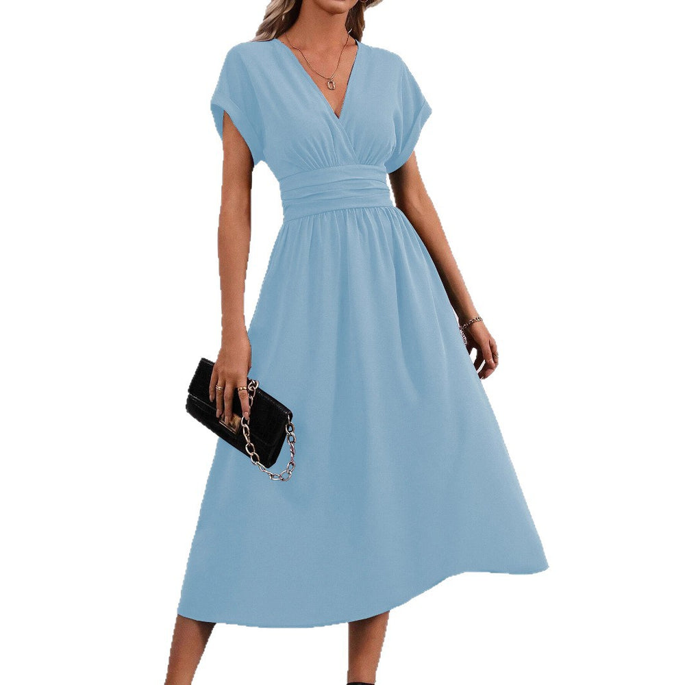 Women's summer solid color overlapping v-neck batwing sleeve waist ruched maxi elegant dress, women's long dress