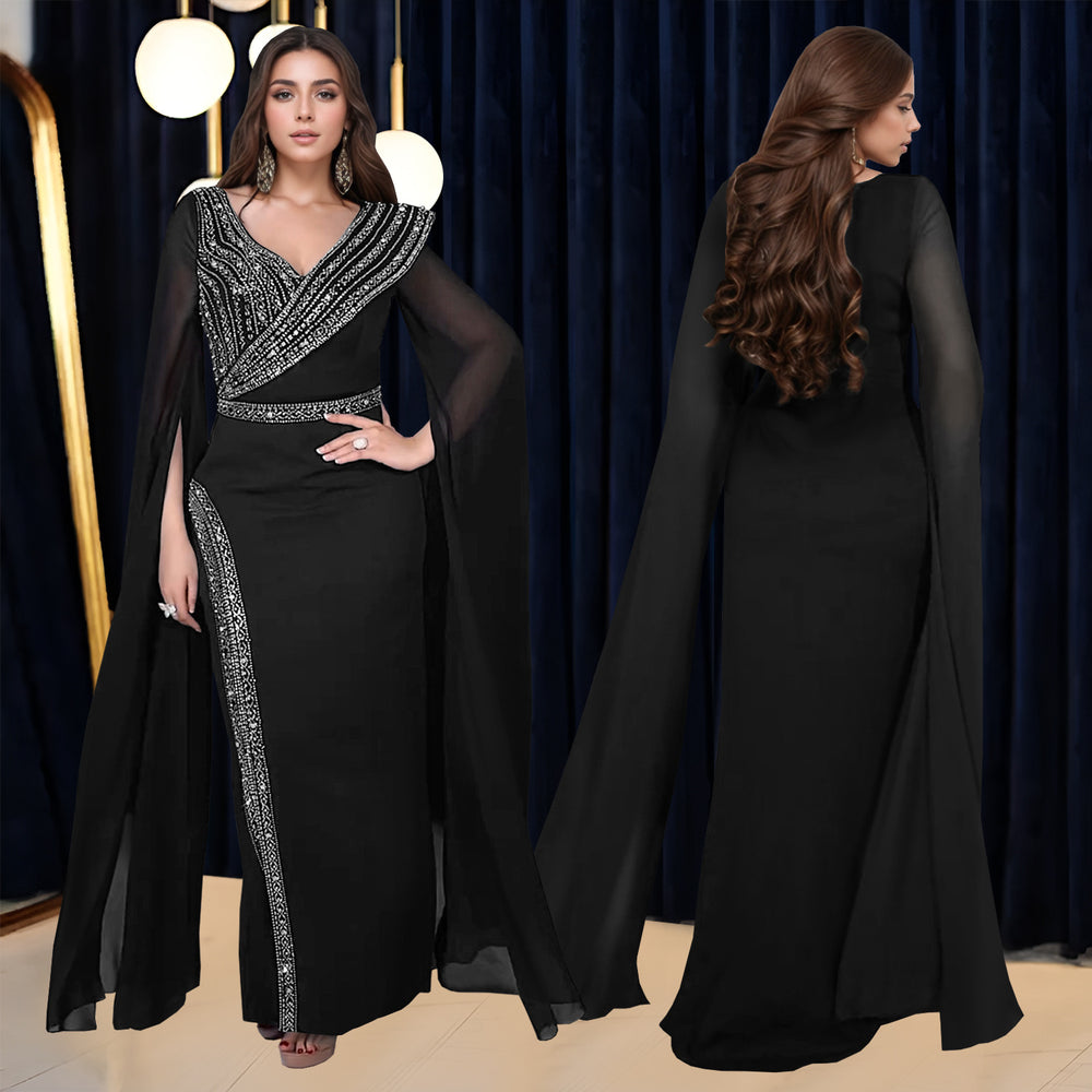 C7393 cross-border   fashion women's elegant v-neck rhinestone long-sleeve dress