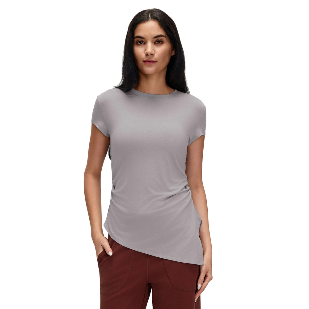 Summer crew neck activewear short sleeve women's ruched waist slimming yoga top running fitness t-shirt d26071