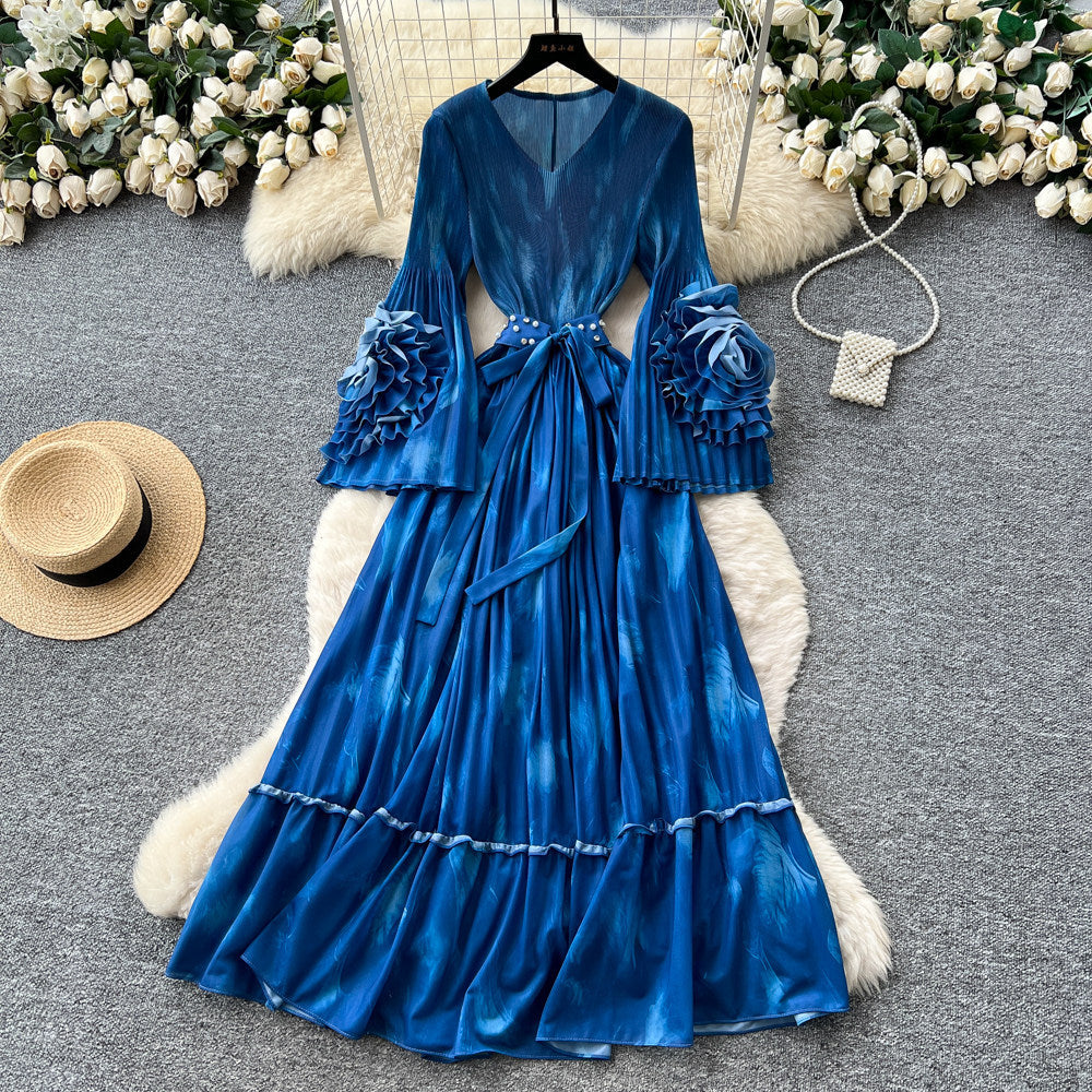 French printing women's long sleevesstereo flower v neck waist dress slimming look holiday style long skirtelegant