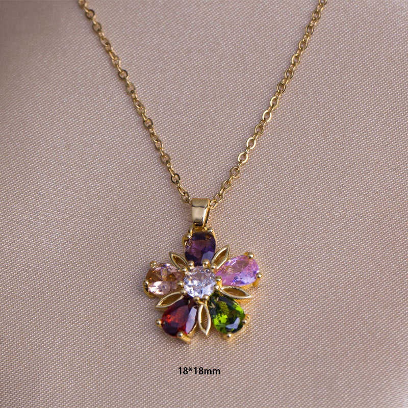 [titanium steel] necklace women's gemstone flower pendant ring earrings suit classy niche clavicle chain earrings jewelry