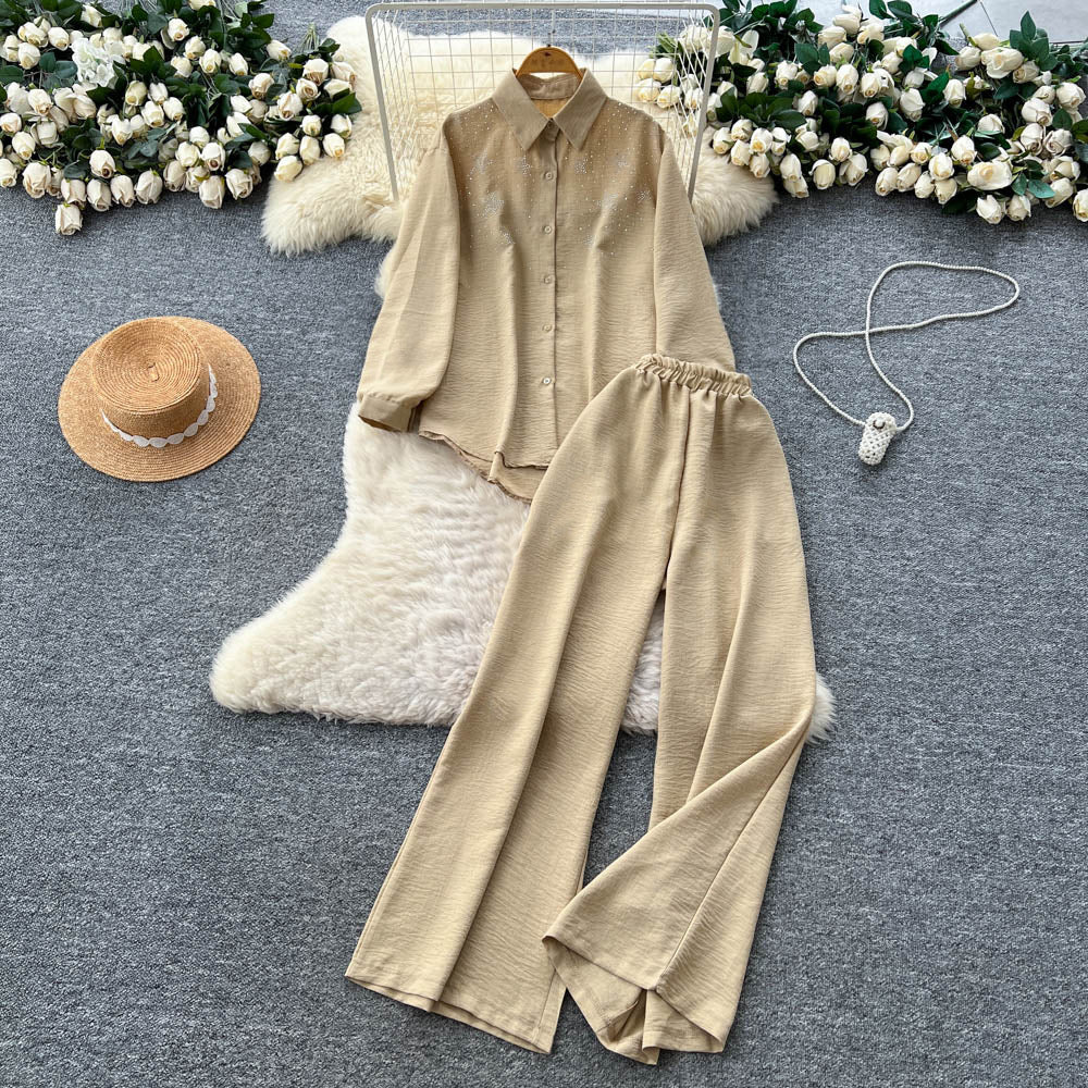 Light mature style two-piece set women's  autumn wear elegantcasuallooseasymmetricallong sleevesshirthigh waistloose pants