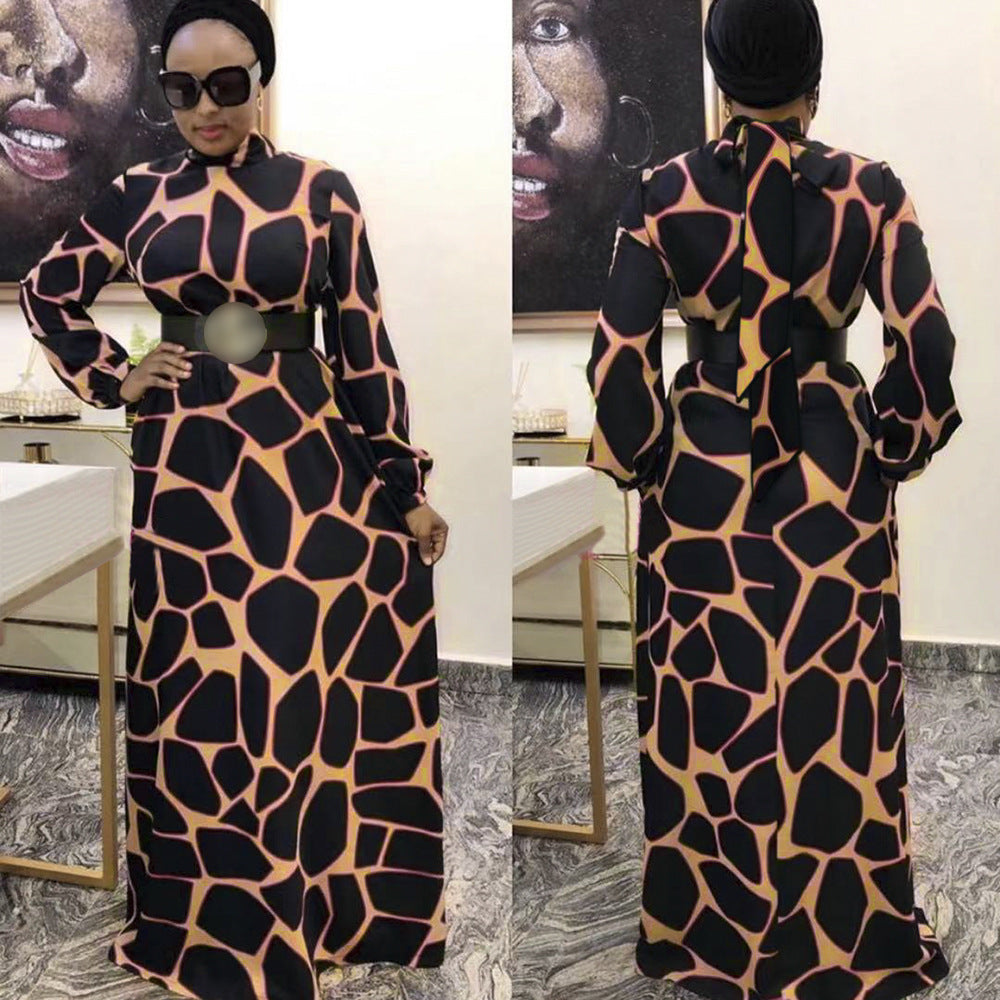 Wholesale  african plus size clothing animal texture floral print mature style cinched waist slimming women's long dress