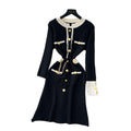 Frenchclassy small fragrance fashion metal buckle contrast color round neck long sleeves waist slimming lookknittingdress autumn wear