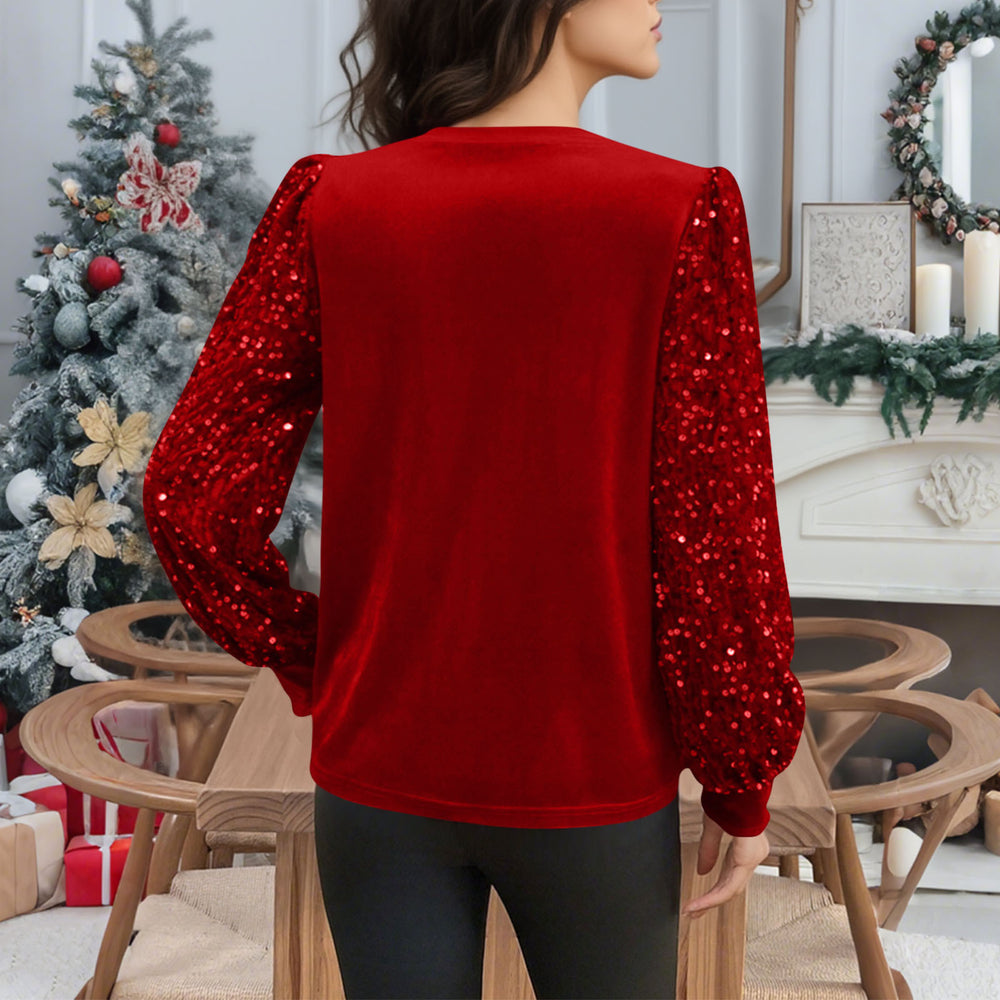 new arrival: independent e-commerce fashion women's gold velvet crew neck sequin patchwork long sleeve t-shirt top (us & european style)