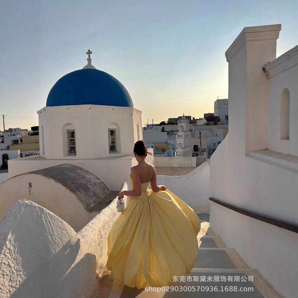 SDM176 temperament yellow tube top irregular lace pendulum dress princess style long dress wholesale Dress new