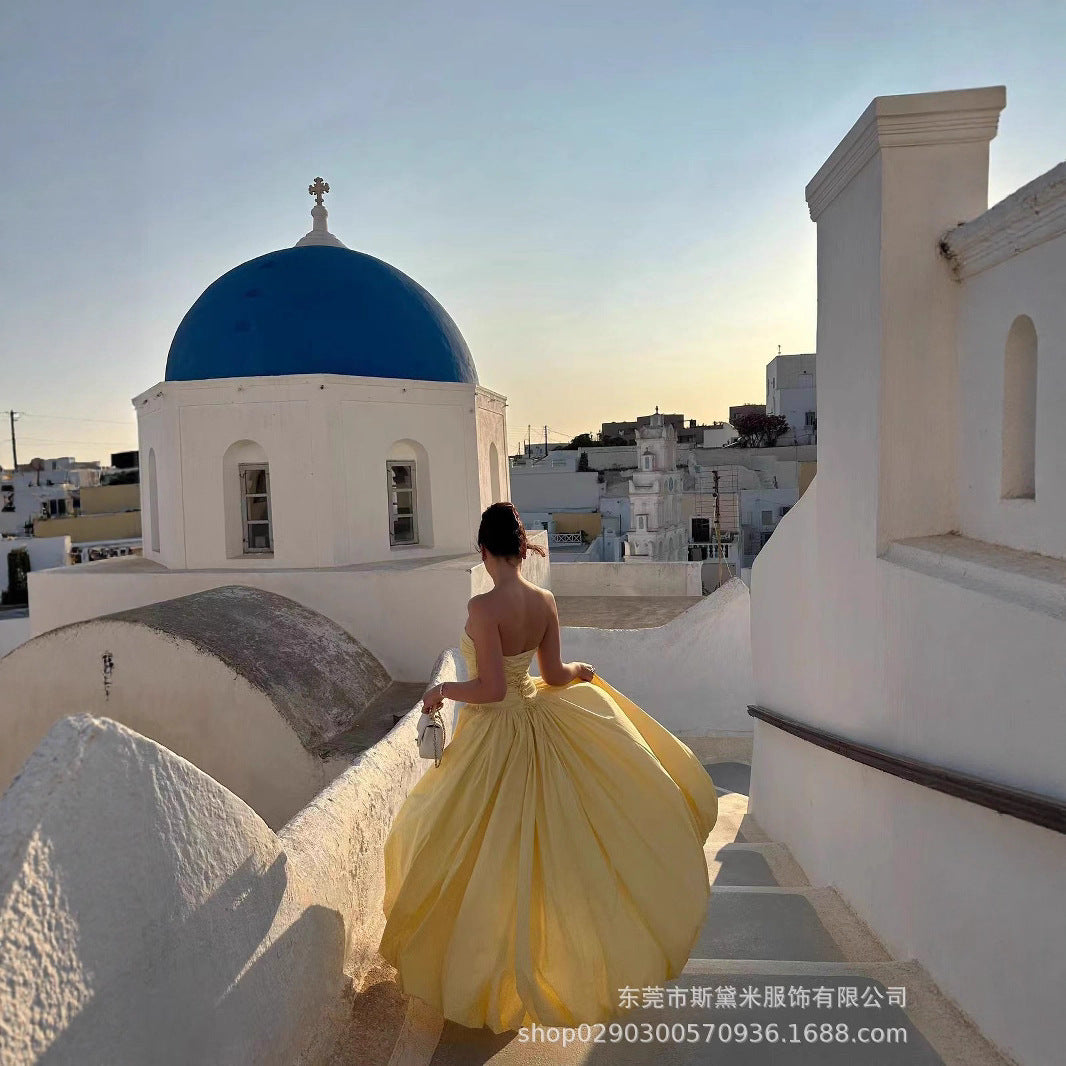 SDM176 temperament yellow tube top irregular lace pendulum dress princess style long dress wholesale Dress new