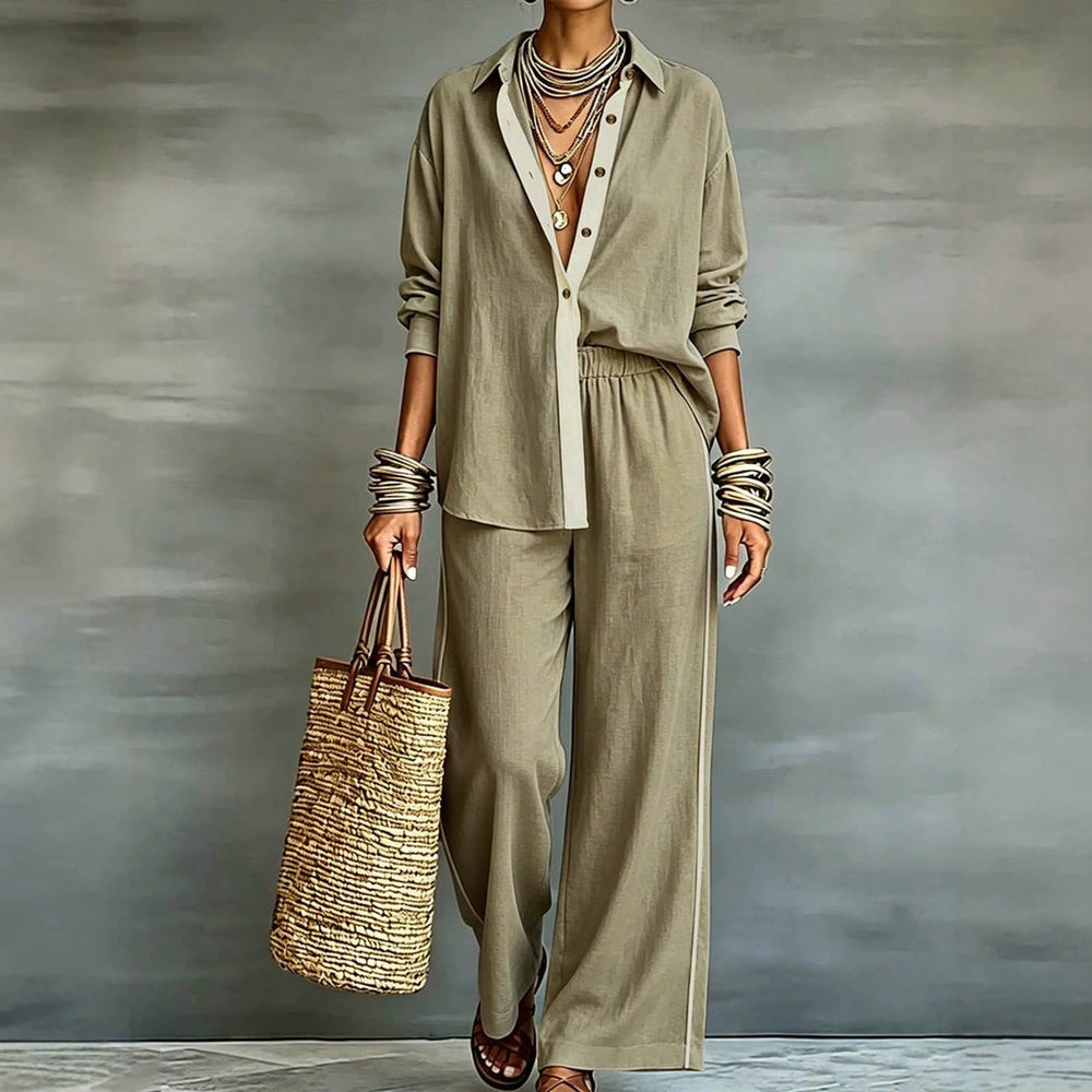 Exportplus size relaxation work clothing set retro gray linen shirt elastic waist side strips wide leg pants two-piece set