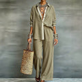 Exportplus size relaxation work clothing set retro gray linen shirt elastic waist side strips wide leg pants two-piece set