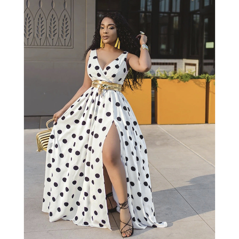 new cross-border women's apparel: -ready sleeveless printed polka dot sexy slit dress with belt