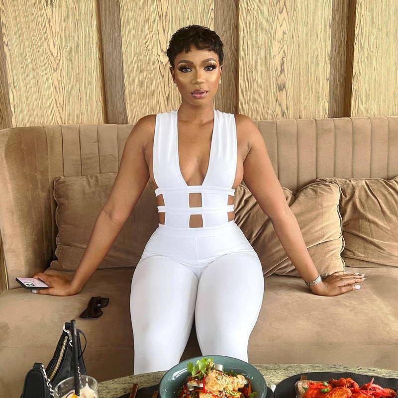 European and american style  summer solid color pants hollow out patchwork high waist slimming butt lifting fashion casual jumpsuit wholesale