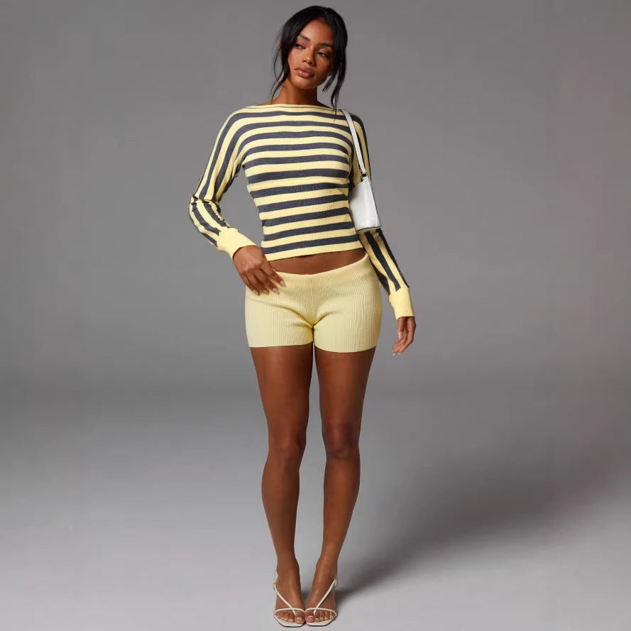 european and american cross-border knitted striped cropped long sleeve top - sexy cropped sweater