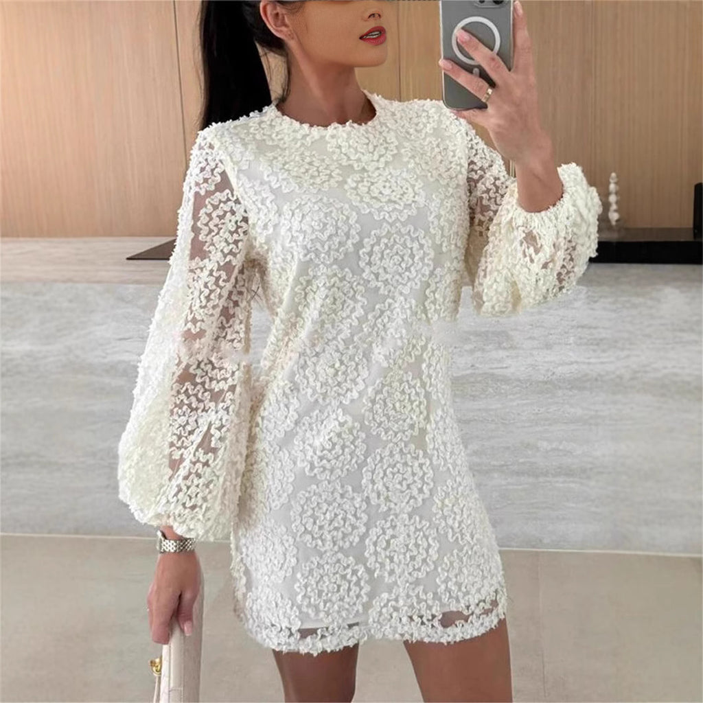 2025 European and American  new love attention lace textured fabric balloon sleeves loose mini dress