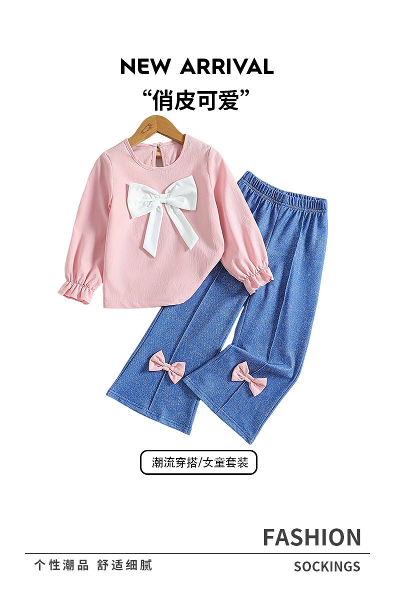 Autumn and winter girls' bow top and pink textured fashion denim pants two-piece set with bow detail