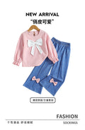 Autumn and winter girls' bow top and pink textured fashion denim pants two-piece set with bow detail