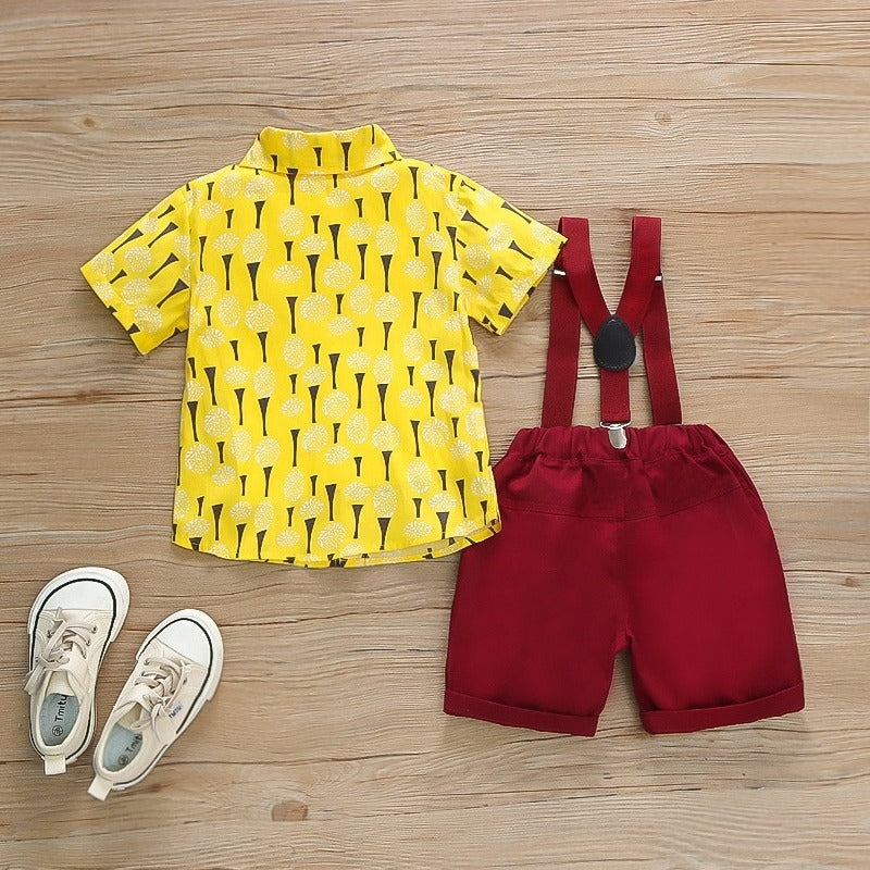 New spring/summer boys' printed short-sleeve and shorts set - gentleman's vacation style two-piece outfit
