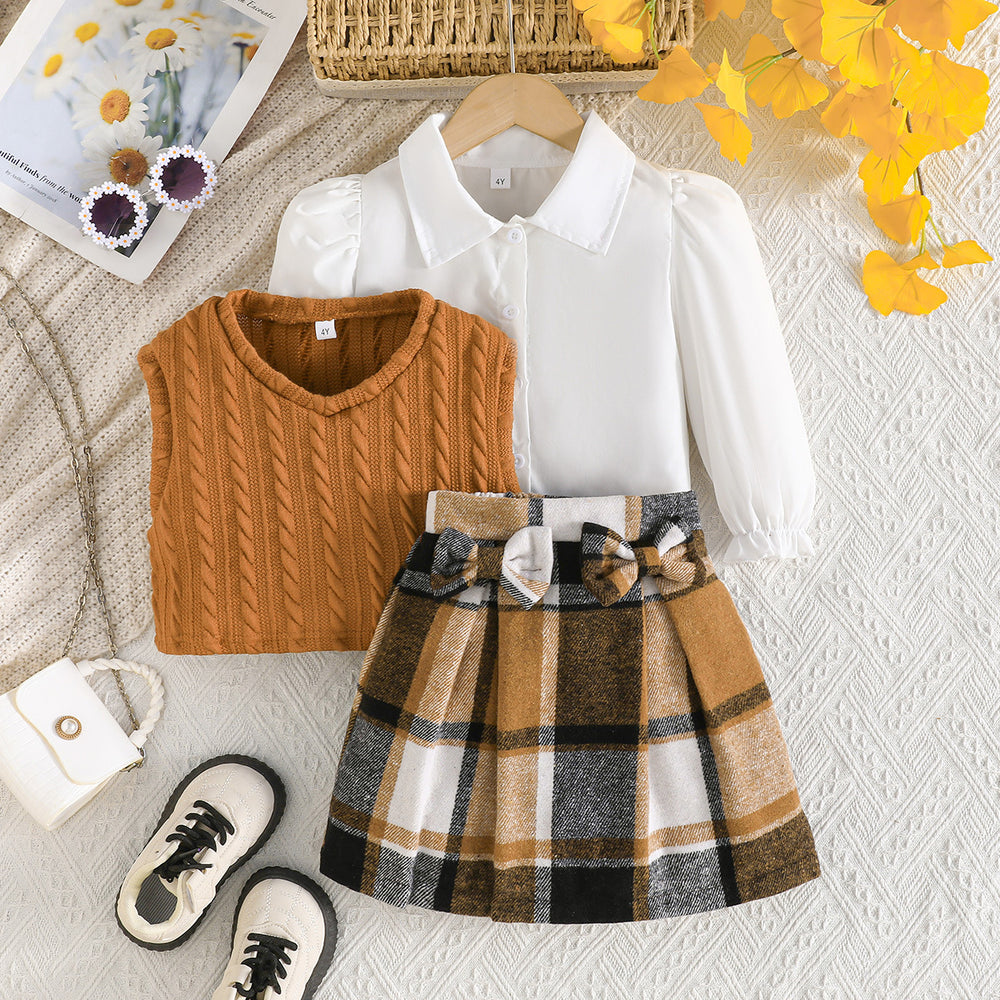 new bowknot plaid mini skirt cross-border three-piece knitted vest girl's outfit autumn/winter
