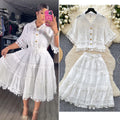Fashionexportfrench palace style lacecut out crochet shorttopshigh waistlacepatchwork skirtsuit