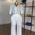 European and american cross-border women's fashion:  autumn new collection - stylish lace collar short sleeve blouse and high-waisted trousers casual set