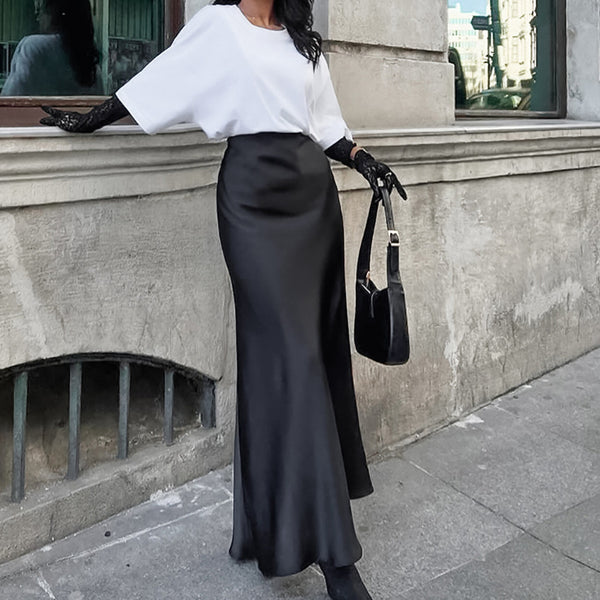 2024 European and American imitation acetic acid satin skirt women's autumn new drape and thin A-shaped long skirt high-end women's clothing