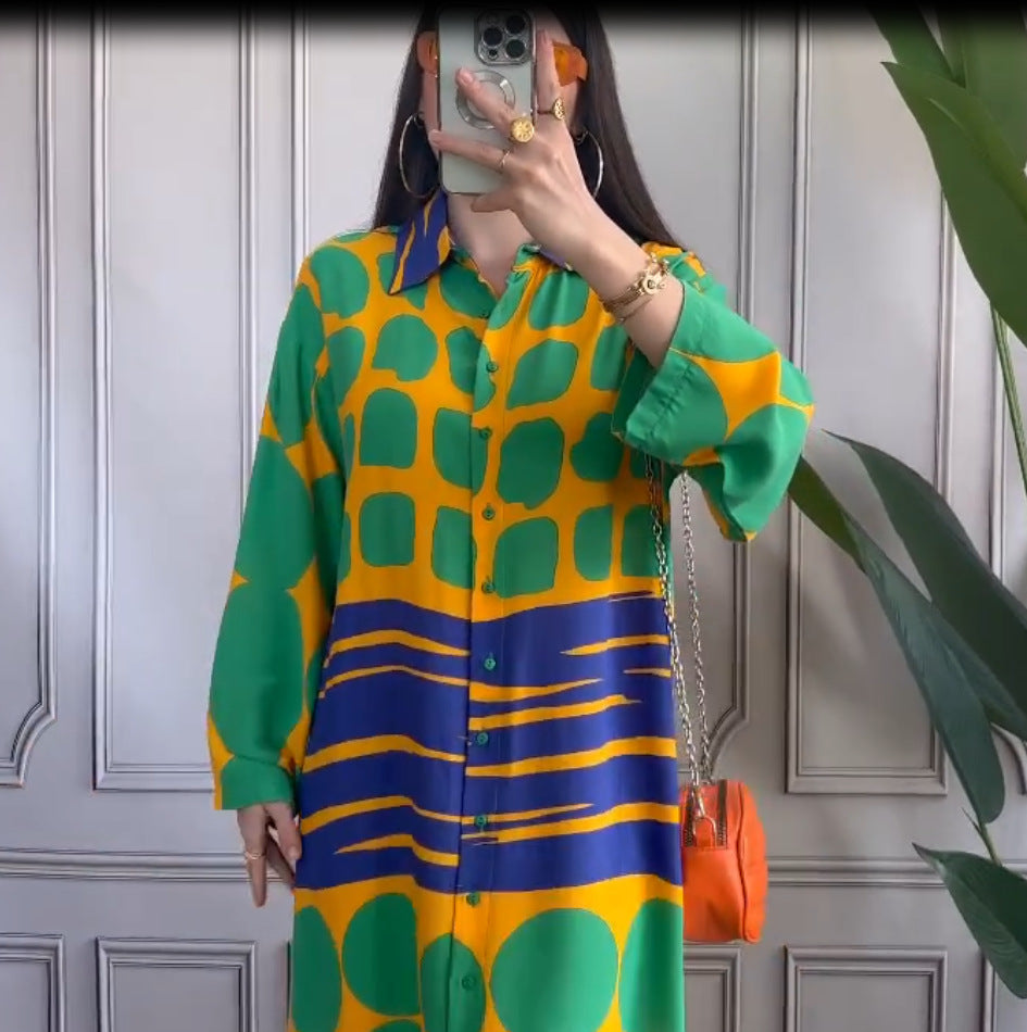 European and American  spot 2024 new loose fashion casual positioning printed cardigan dress large size women's long dress