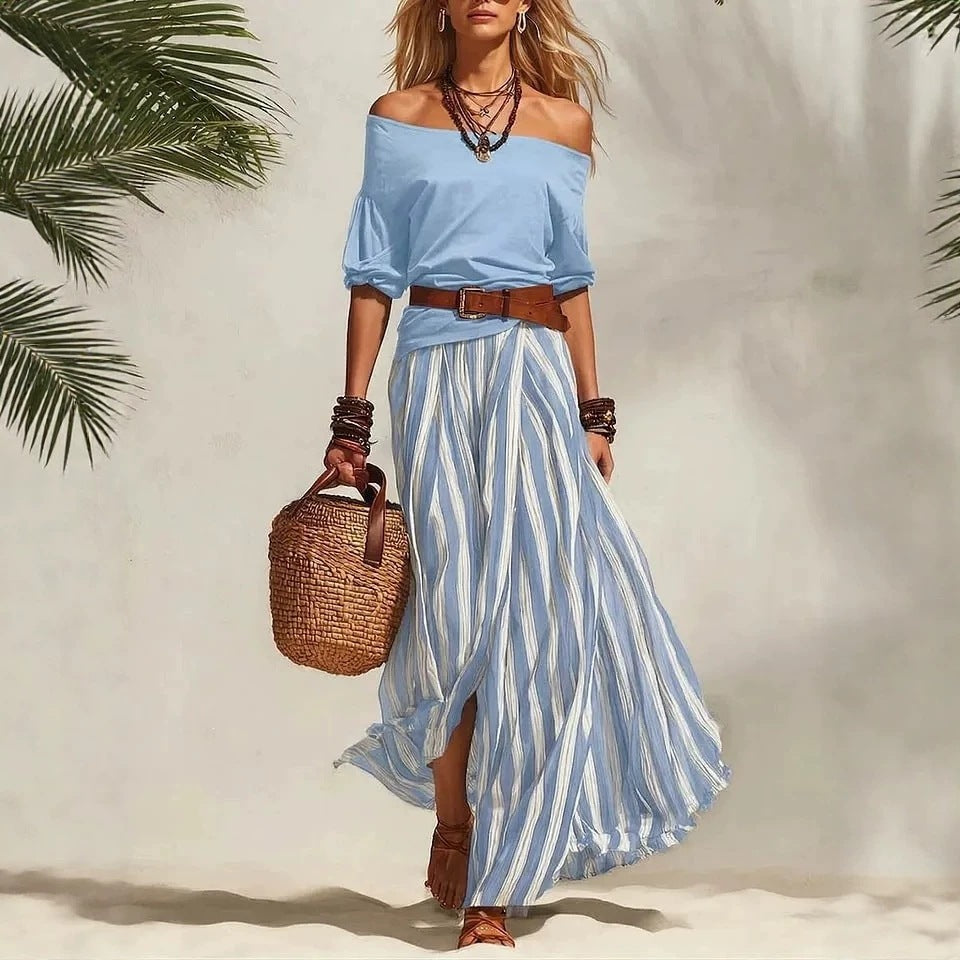 spring/summer new european and american cross-border nautical resort style off-shoulder top and slit skirt women's set