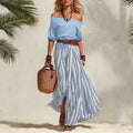 spring/summer new european and american cross-border nautical resort style off-shoulder top and slit skirt women's set