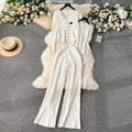 Premium women's spring  outfit set: metallic buckle vest, versatile knit cardigan, and wide-leg pants - a stylish three-piece ensemble