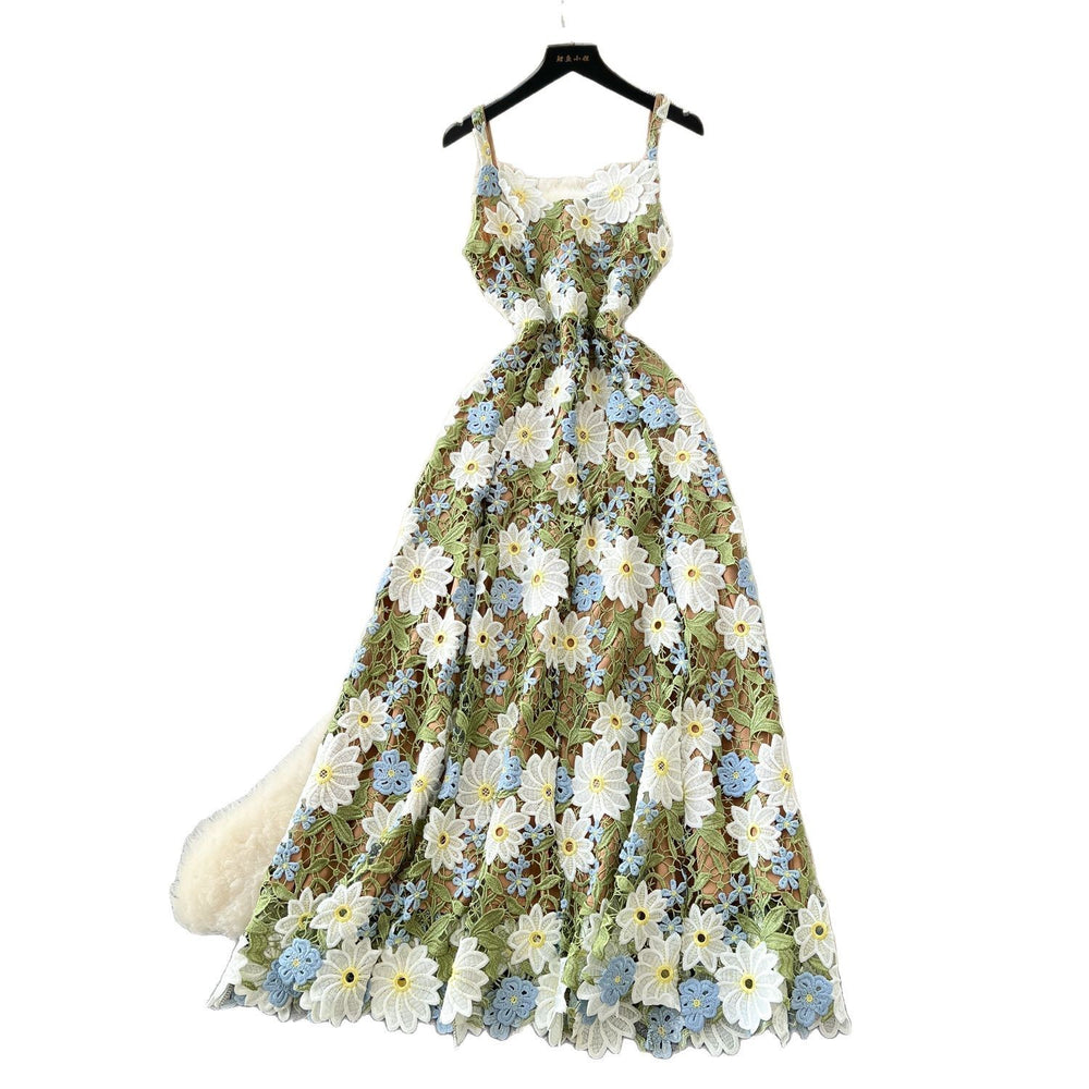 High-end women's luxury party dress: exquisite colorful hollow-out crochet lace camisole dress with cinched waist - summer  collection