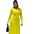 European and american style elegant women's bodycon pleated asymmetrical dress solid color long sleeve oblique neck maxi dress gown