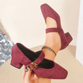 Retro thick heel suede square toe flats women's  spring & fall new arrivalfleece-lined leopard print one-word buckle mary jane shoes