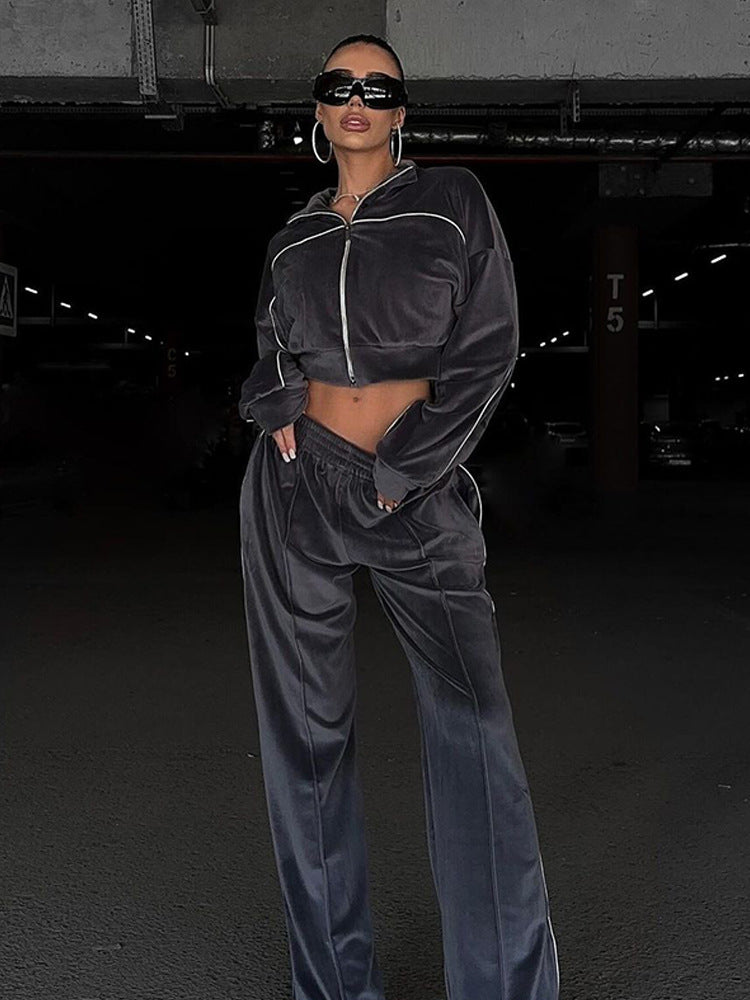 European and American  fashion sports suit women's street style long-sleeved cardigan trousers two-piece casual jacket set