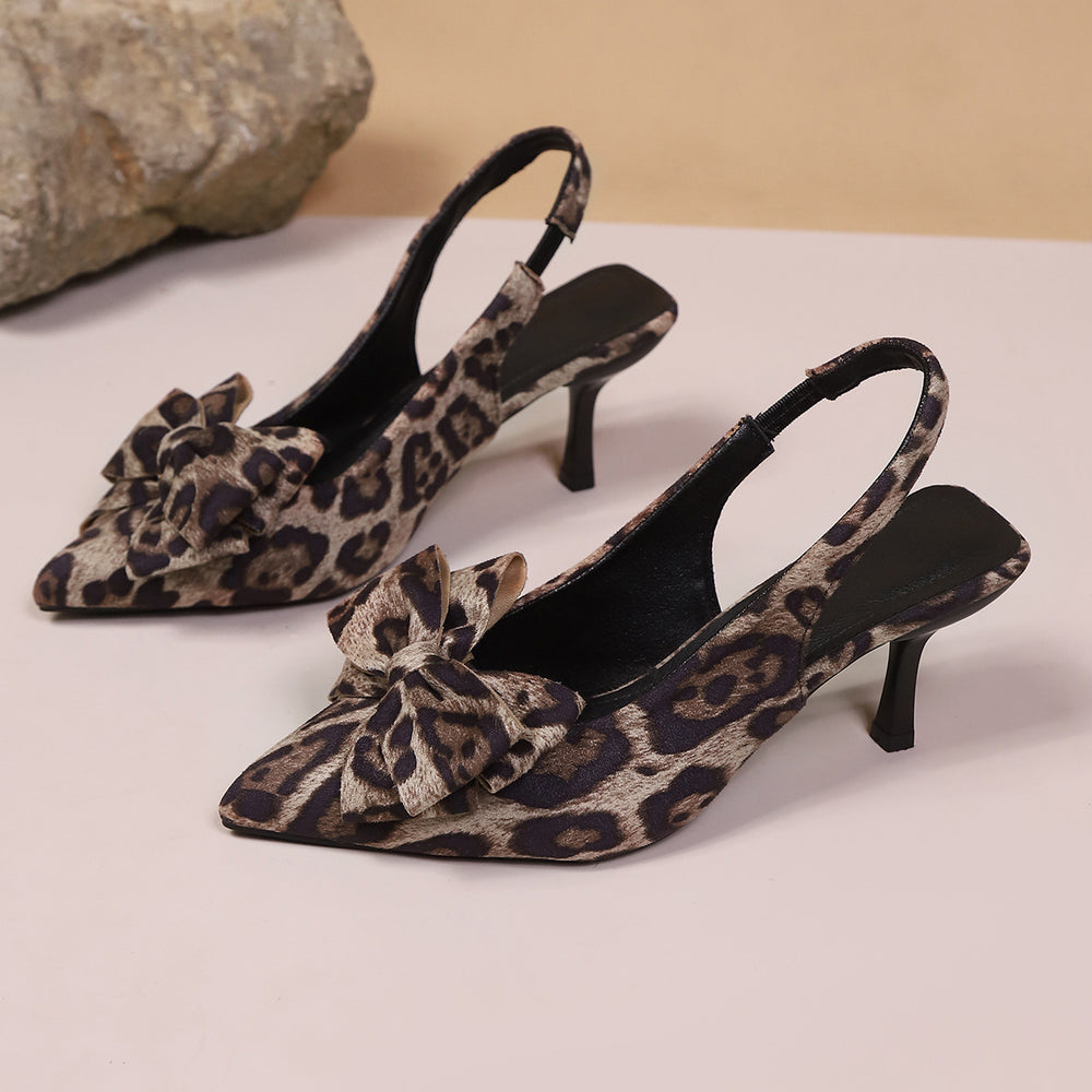 Ready-to-ship cross-border pointed-toe bow heeled sandals for women, 2026 summer new leopard print european and american style stiletto closed-toe sandals