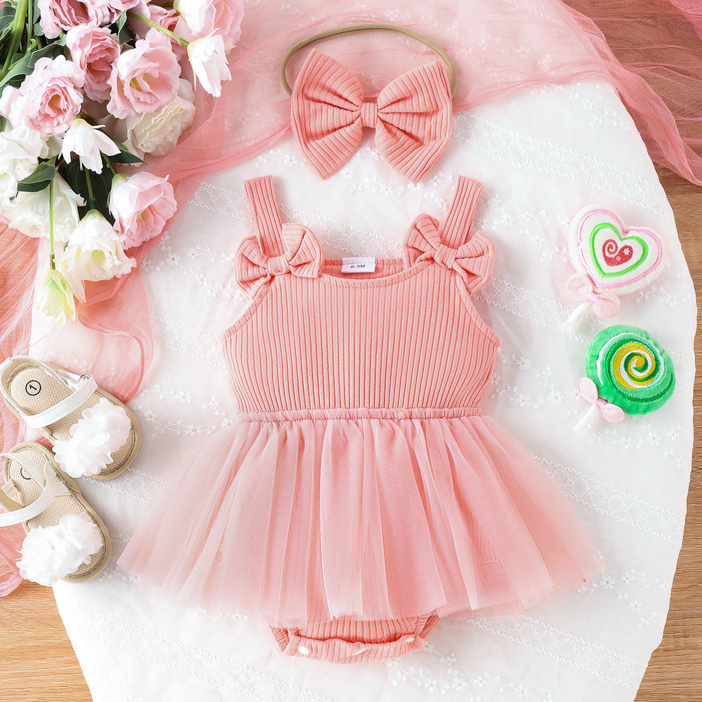 new european and american style sleeveless ribbed solid color gauze dress triangle romper + bow headband for baby girls