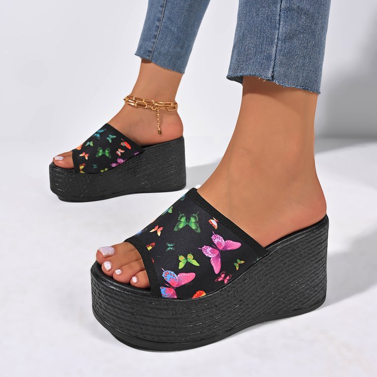 Plus size leopard print platform wedge heel one-line sandals women's casualexportthick solepetites beach shoes summer