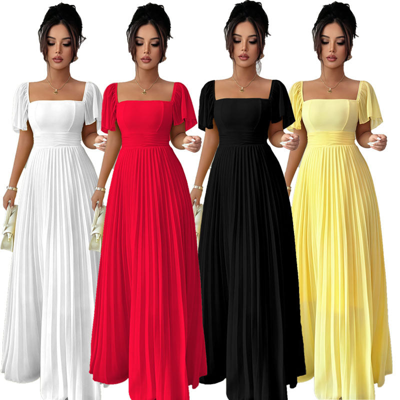 European and american cross-border women's fashion  summer solid color french bandeau backless cinched waist pleated elegant long dress