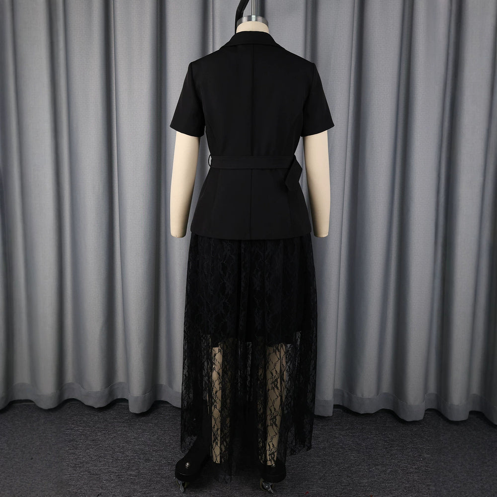 New arrival cross-border lace waist short-sleeved shirt lace double-layer cut out style skirt two-piece set2pcsset