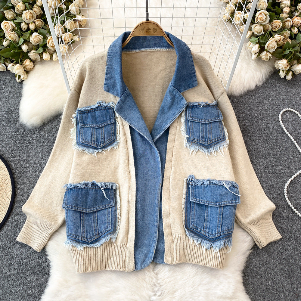 Fashionfashionstylishknittingpatchwork denim outwear women's winterloose lazy stylethickenedsweatercardigantops