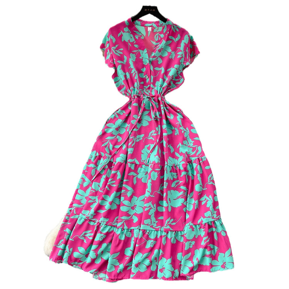 French sweet and gentle style v-neck floral chiffon dress - women's summer cinched waist, slimming, vacation-ready, fairy dress