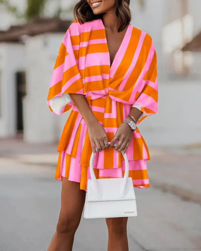 2023 new autumn v-neck loose batwing sleeve printed dress for women - perfect for independent stores, wish, and amazon