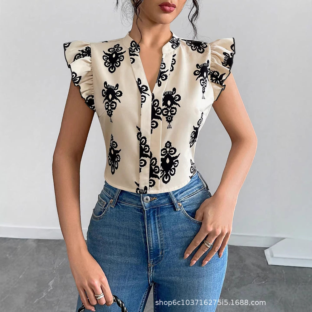 European and american cross-border women's  new print ruffle trim short sleeve top, v-neck single-breasted button-down blouse