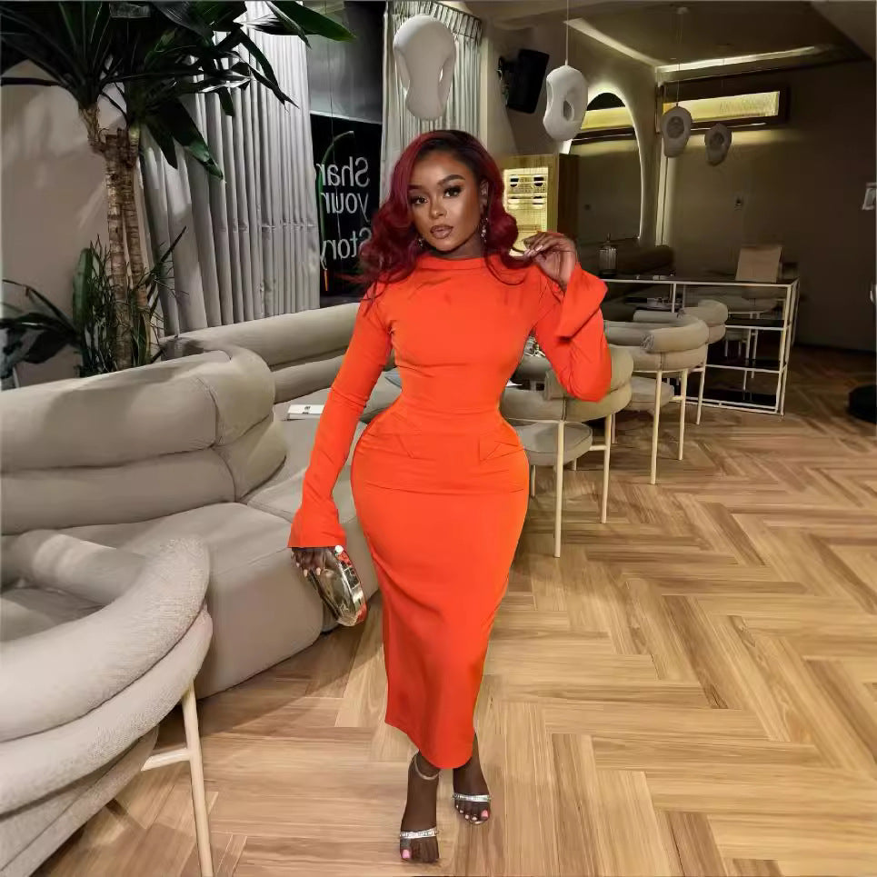 European and american cross-border women's fashion:  autumn/winter new collection - solid color long sleeve crew neck faux pocket bodycon slit maxi dress