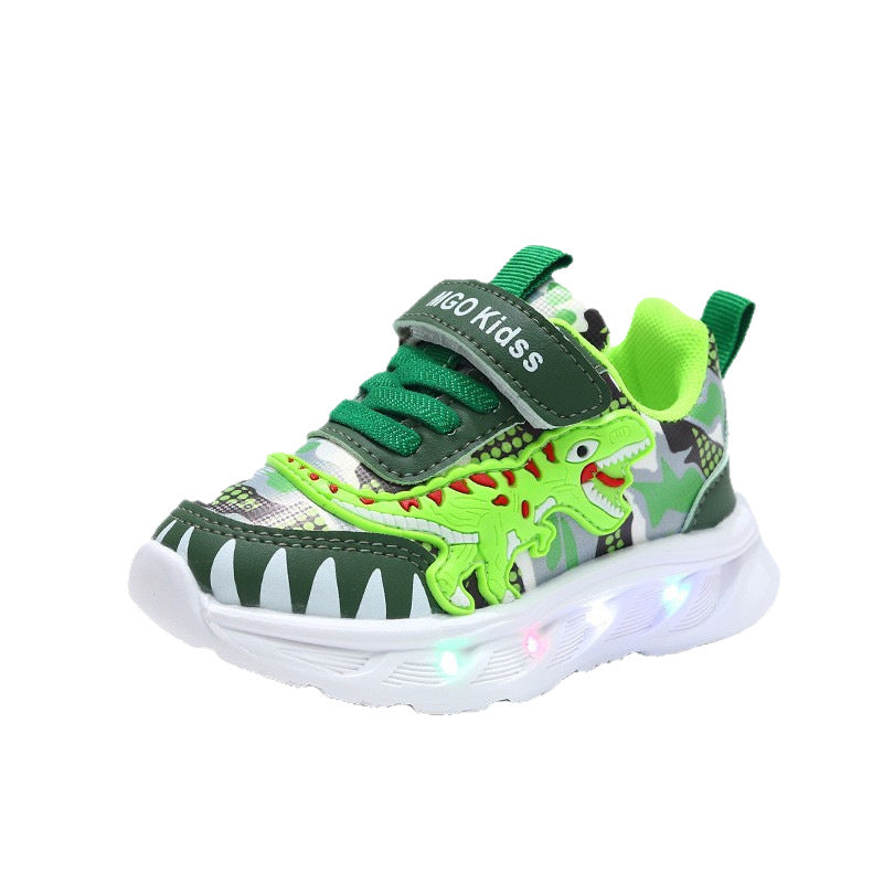 Cool boy  new led light-up shoes for ages 1-6, luminous leather t-rex casual sneakers