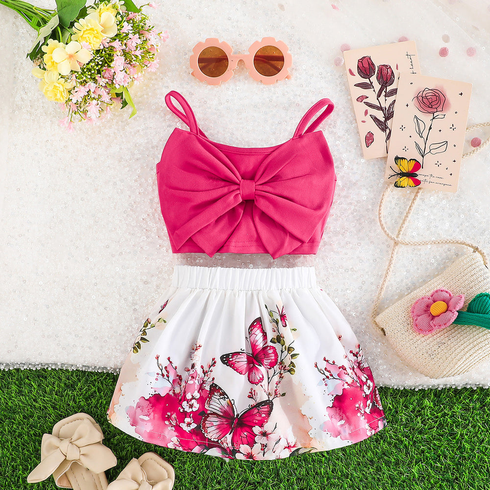 cross-border exclusive: baby girl summer dress set - blue bow suspender top + butterfly print skirt