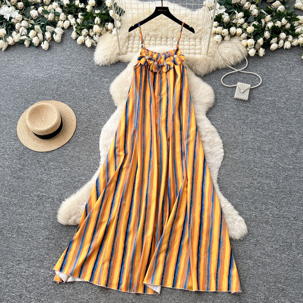 K-stylestripes suspender small diamond flower dress women's summerhigh waista word easiest for match long skirtwork clothing outfit skirt