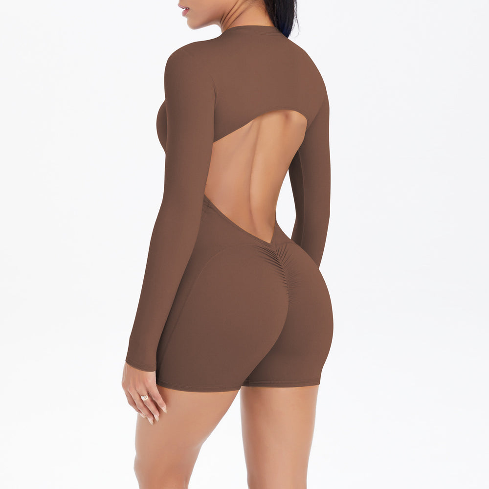Fashioncut out beautiful back half open zipper jumpsuit peach butt lift sports fitness nude quick dry jumpsuit yoga clothes