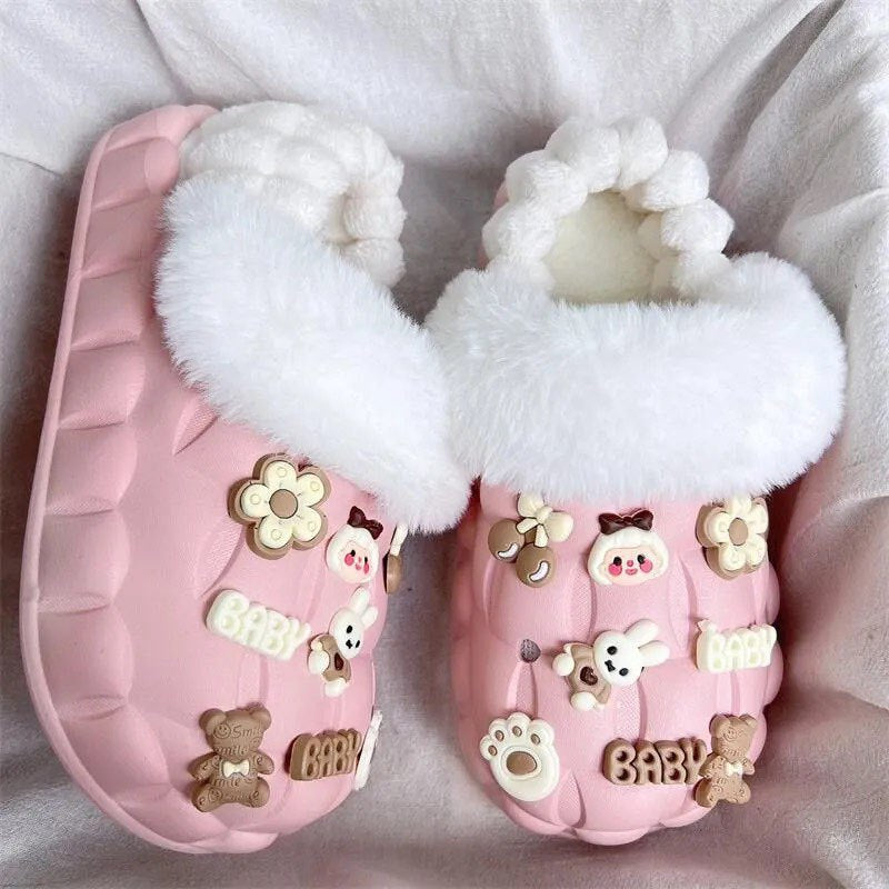 2025 women's winter slippers: cute cartoon design, thick sole, fleece lined, non-slip, wear-resistant, warm, detachable waterproof cotton shoes