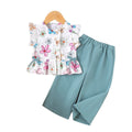 Kids clothing cross-border new arrivalfashionspring & fallgirl flower pattern short-sleeved t-shirt green pants