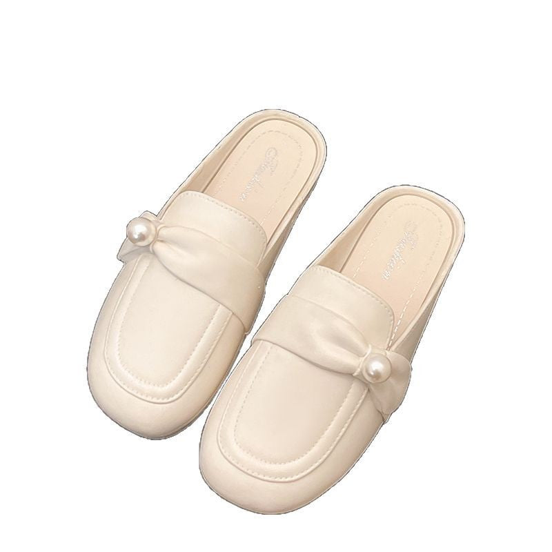 2025 summer new pearl-embellished mule slippers for women, round toe slip-ons, wholesale casual shoes