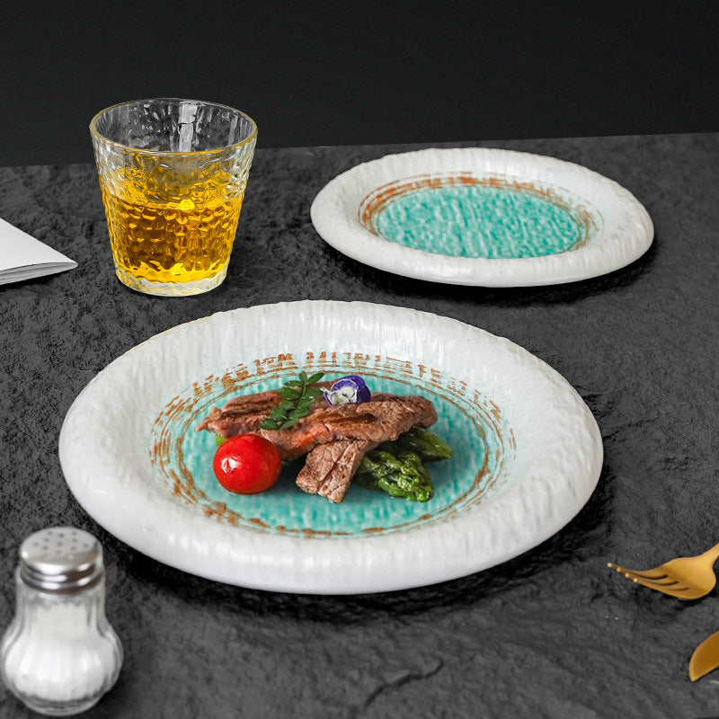 Japanese minimalist ink wash painting ceramic dinner plate - creative, round, ruffled edge, high-end plating for western cuisine, ideal for restaurants and hotels